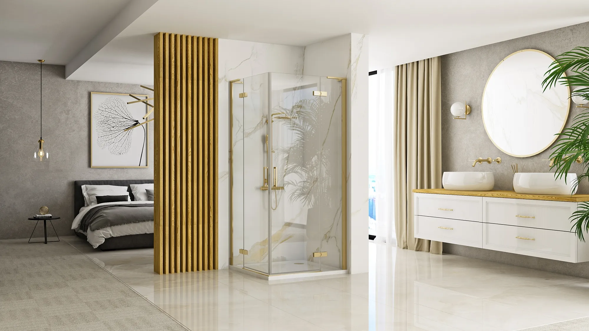Cabină de duș batantă de colț mărime 100x100 culoare auriu periat Hugo Double [2]