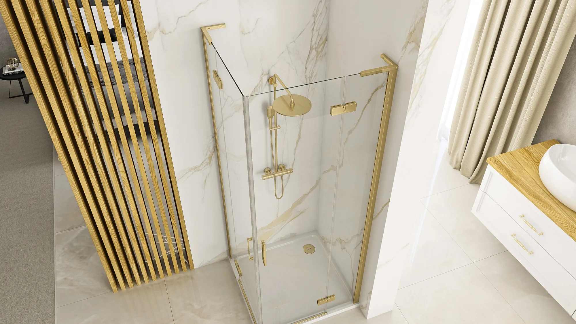 Cabină de duș batantă de colț mărime 100x100 culoare auriu periat Hugo Double [4]