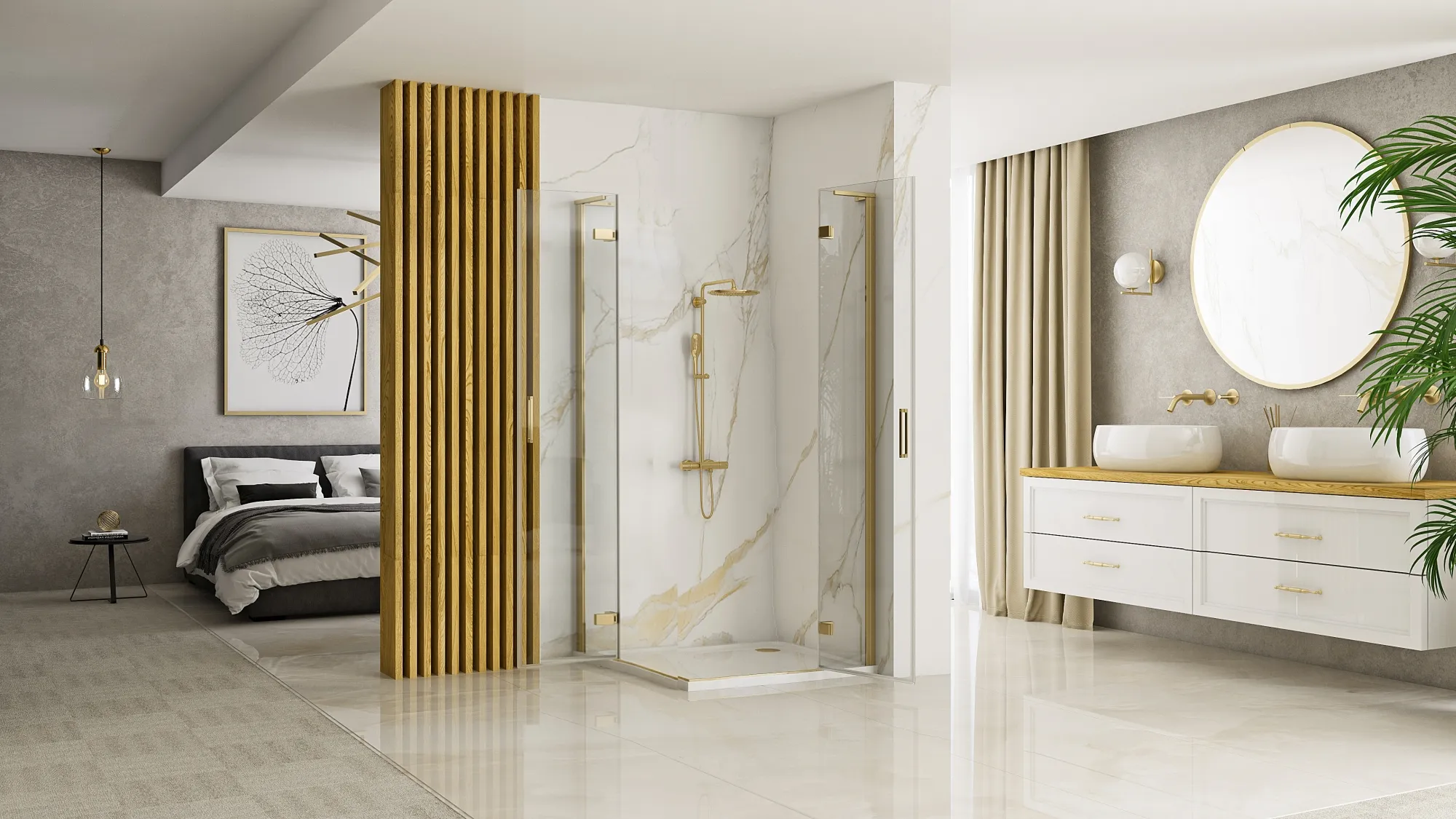 Cabină de duș batantă de colț mărime 80x80 cm culoare auriu periat model Hugo Double Gold Brushed [3]
