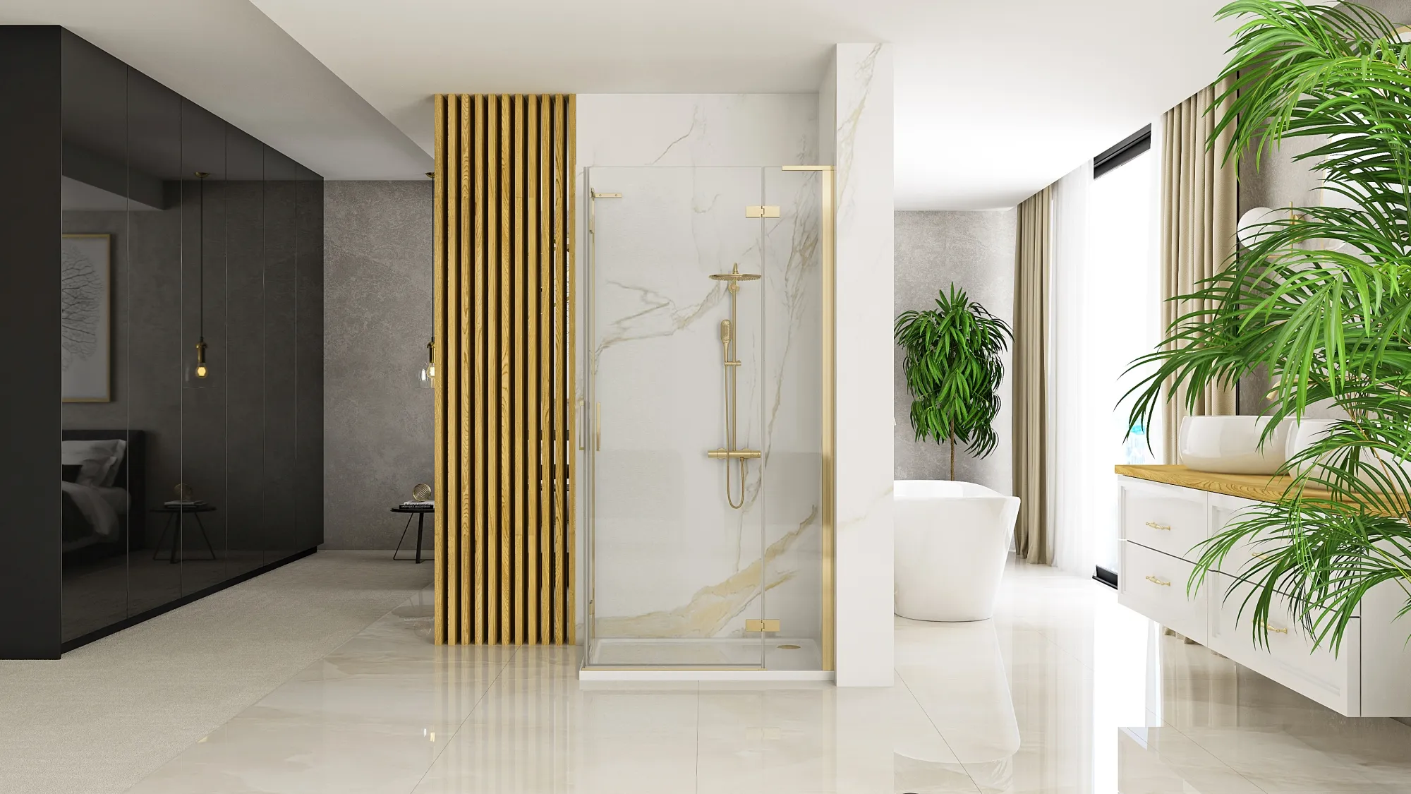 Cabină de duș batantă de colț mărime 100x100 culoare auriu periat Hugo Double [5]