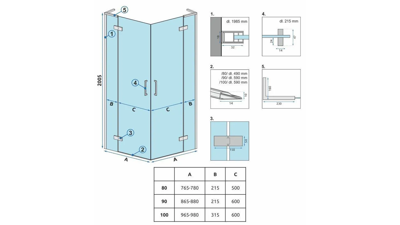 Cabină de duș batantă de colț mărime 80x90 culoare auriu periat Hugo Double [8]