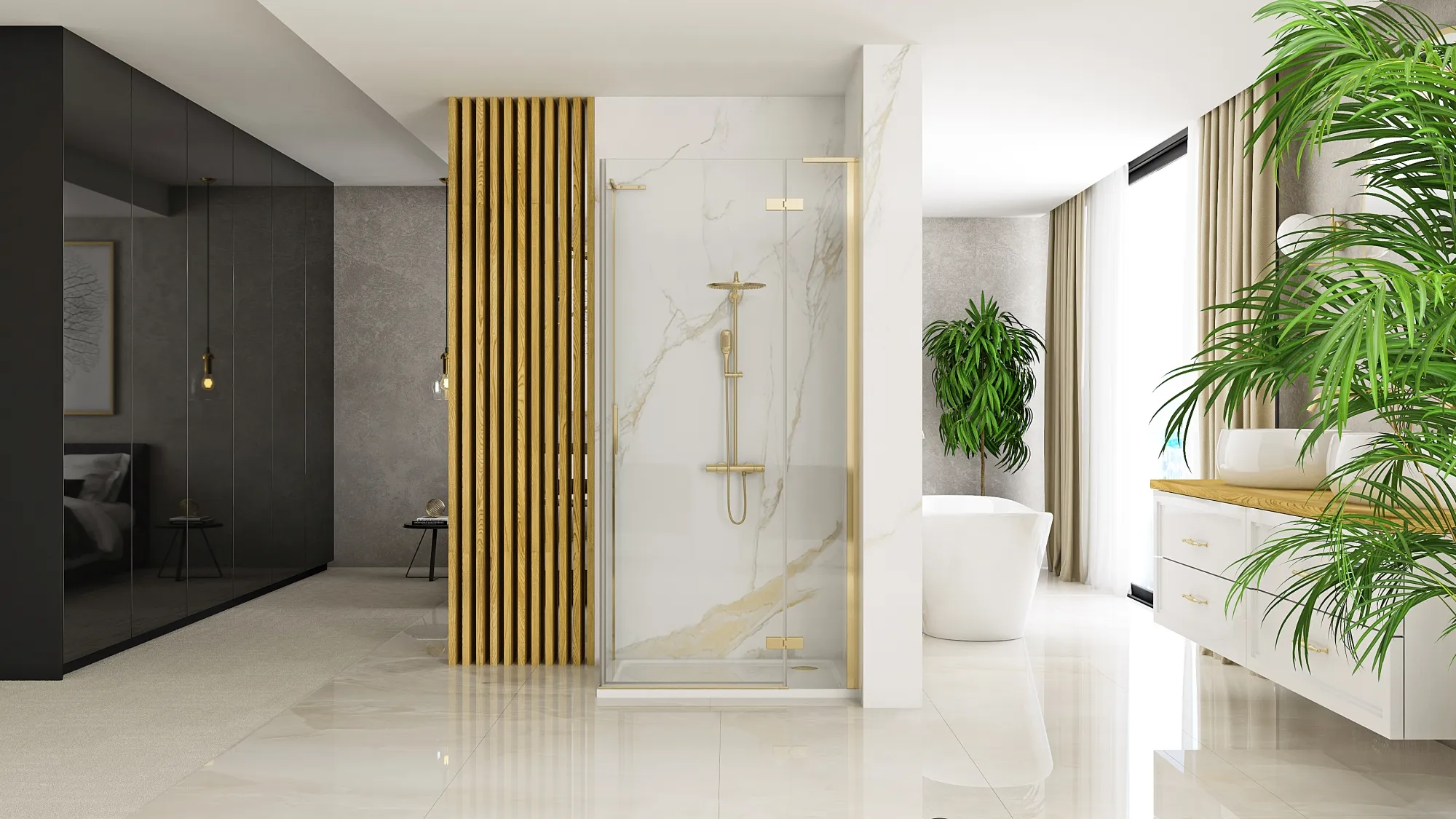 Cabină duș batantă de colț mărime 80x80 cm culoare auriu periat model Hugo Gold Brushed [4]