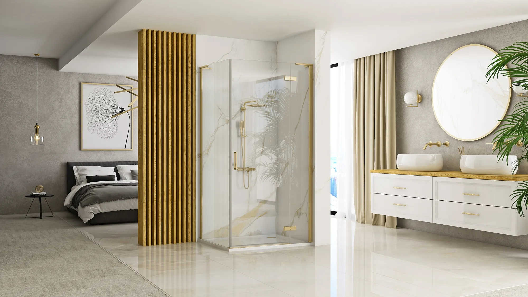 Cabină duș batantă de colț mărime 80x80 cm culoare auriu periat model Hugo Gold Brushed [2]