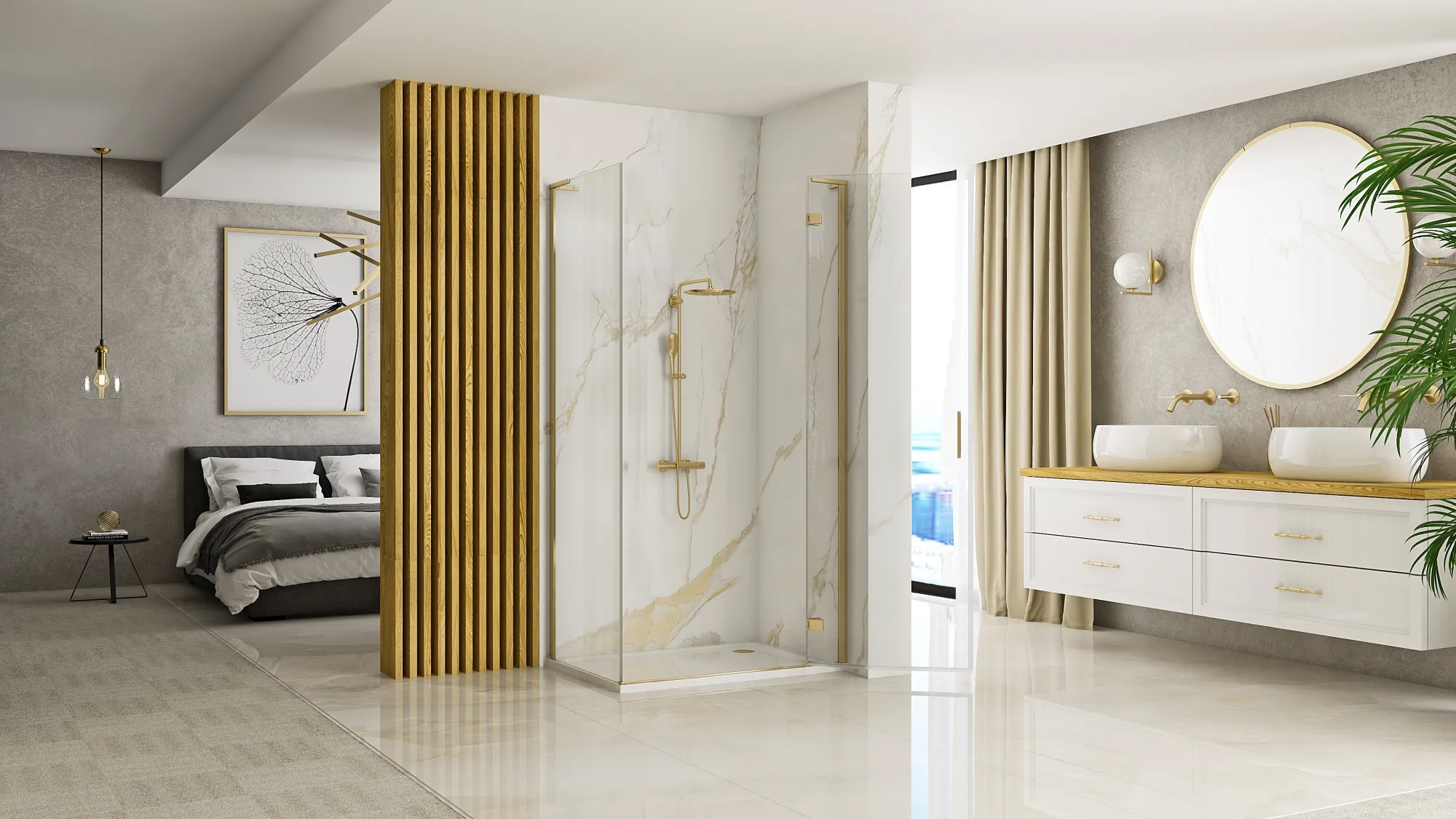 Cabină duș batantă de colț mărime 80x80 cm culoare auriu periat model Hugo Gold Brushed [3]