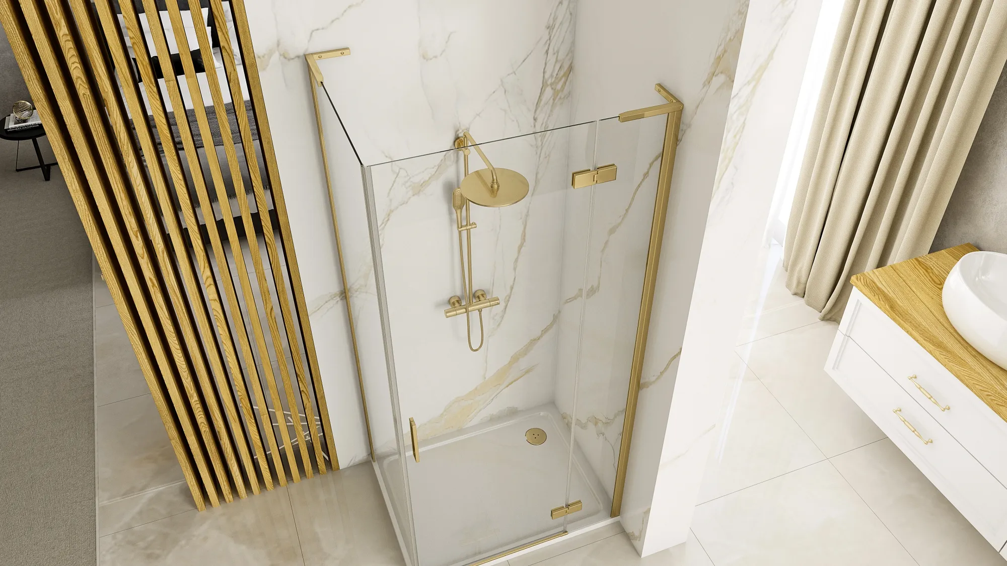 Cabină duș batantă de colț mărime 80x80 cm culoare auriu periat model Hugo Gold Brushed [5]