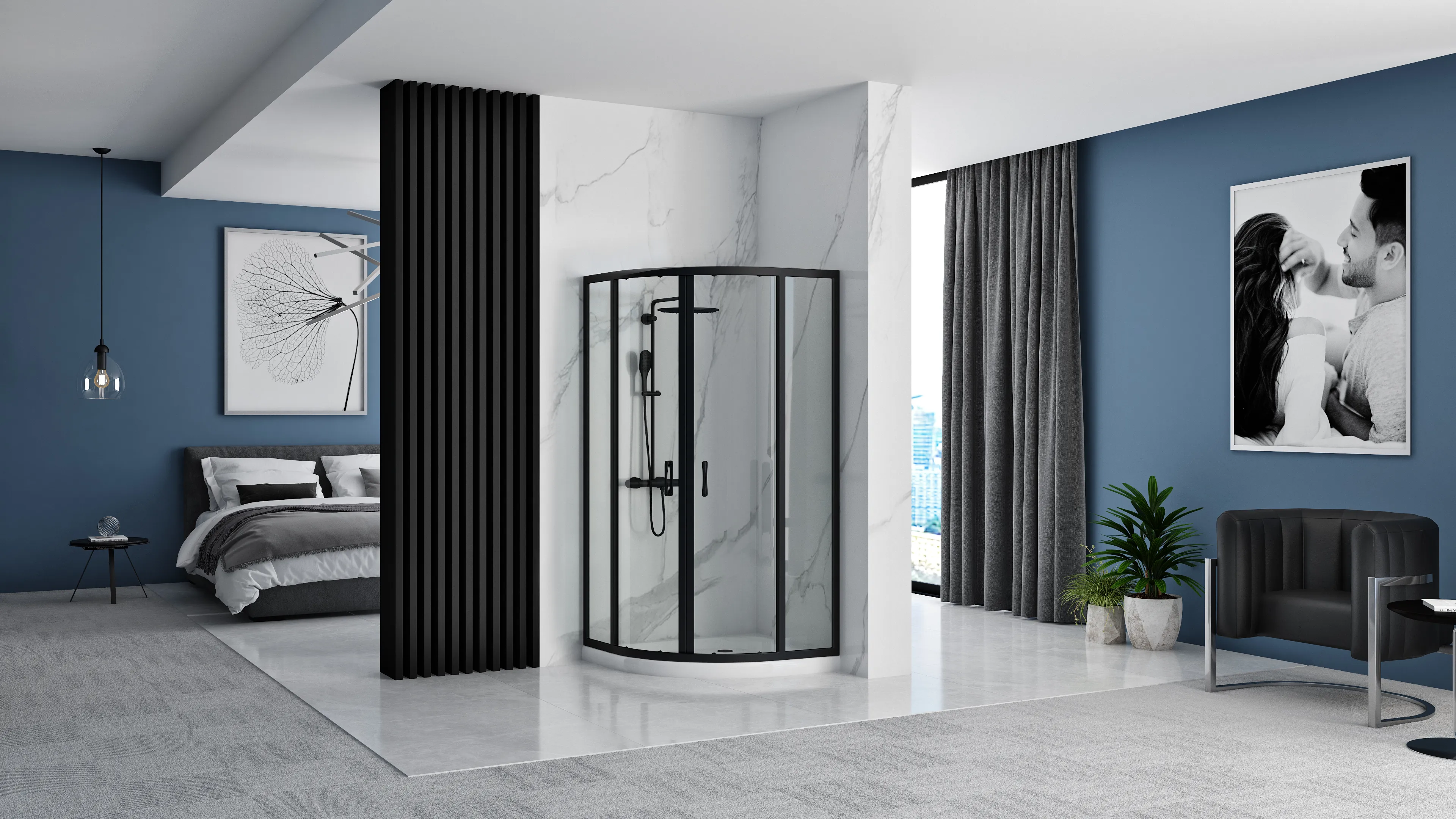 Cabină duș culisantă de colț mărime 80x80 cm culoare neagră cu cadiță duș albă model Look Black [3]