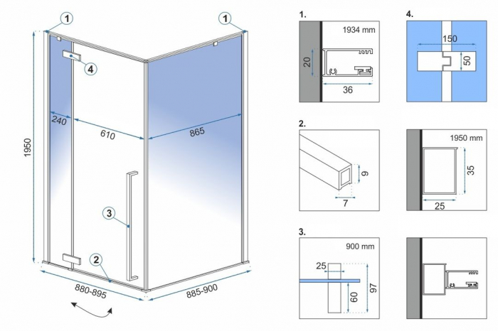 Cabină de duș batantă de colț mărime 90x90 cm culoare auriu model Fargo Gold [6]