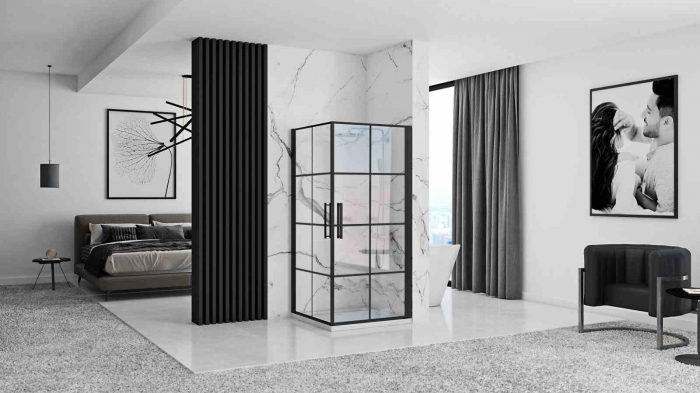 Cabină de duș batantă de colț mărime 80x100 finisaj negru mat sticlă securizată de 6 mm model Rubik [4]