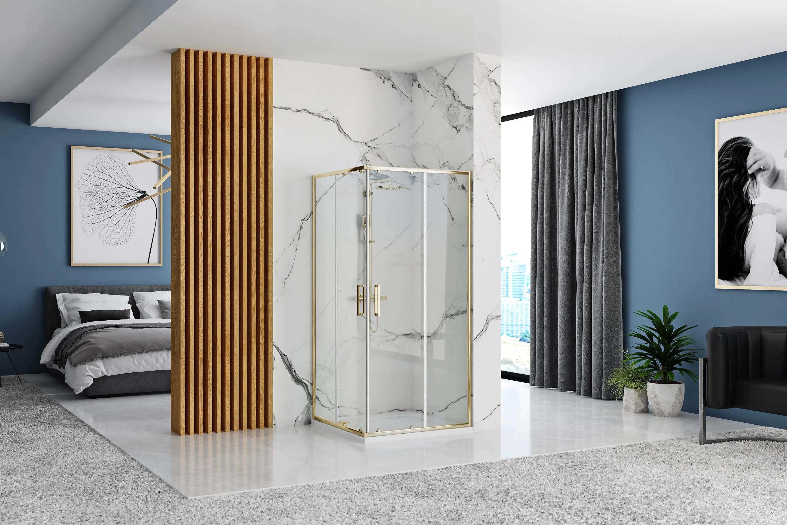 Cabină duș culisantă de colț mărime 80x100 culoare auriu lucios sticlă securizată de 4 mm model Punto Gold [2]
