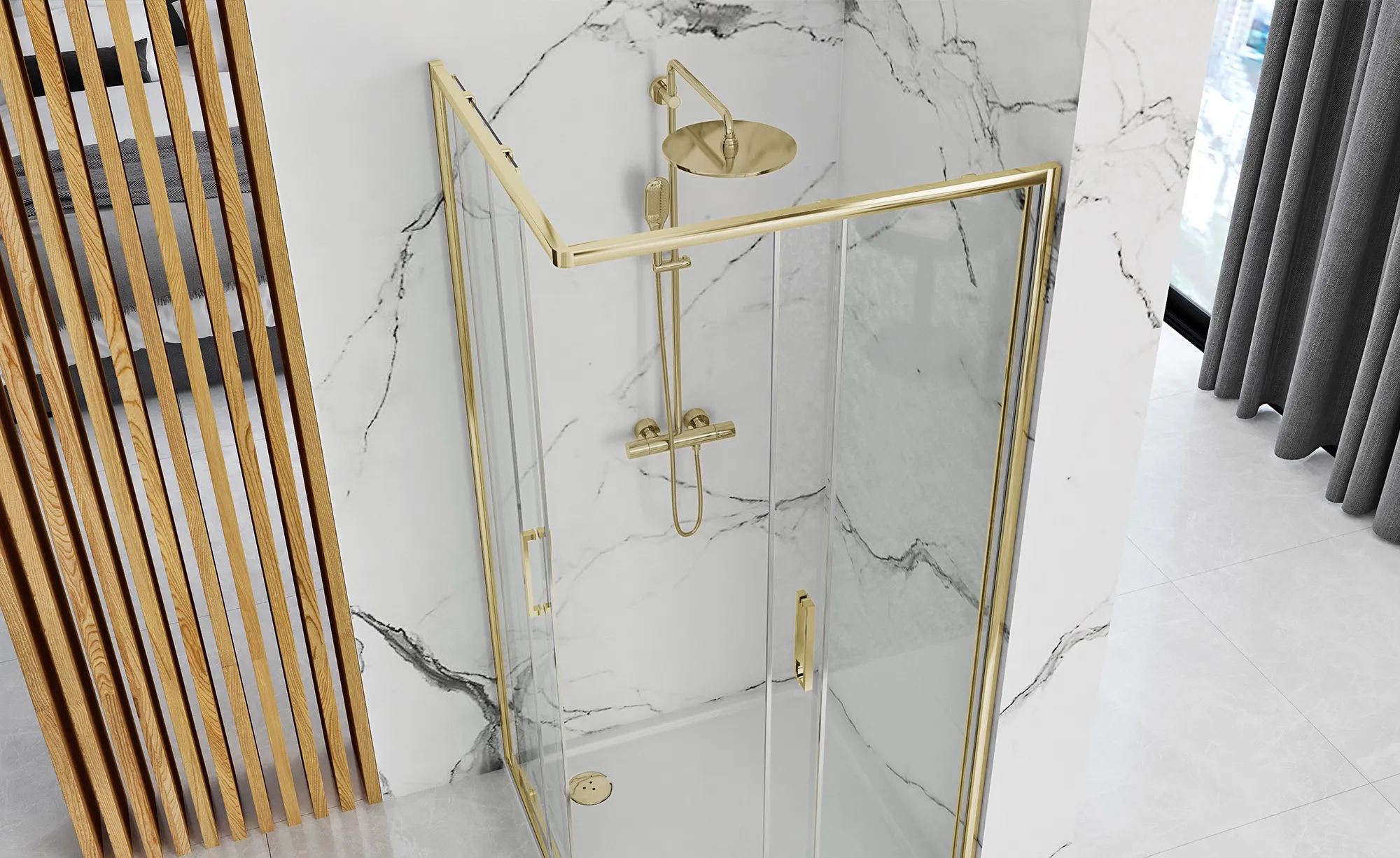 Cabină duș culisantă de colț mărime 80x100 culoare auriu lucios sticlă securizată de 4 mm model Punto Gold [4]