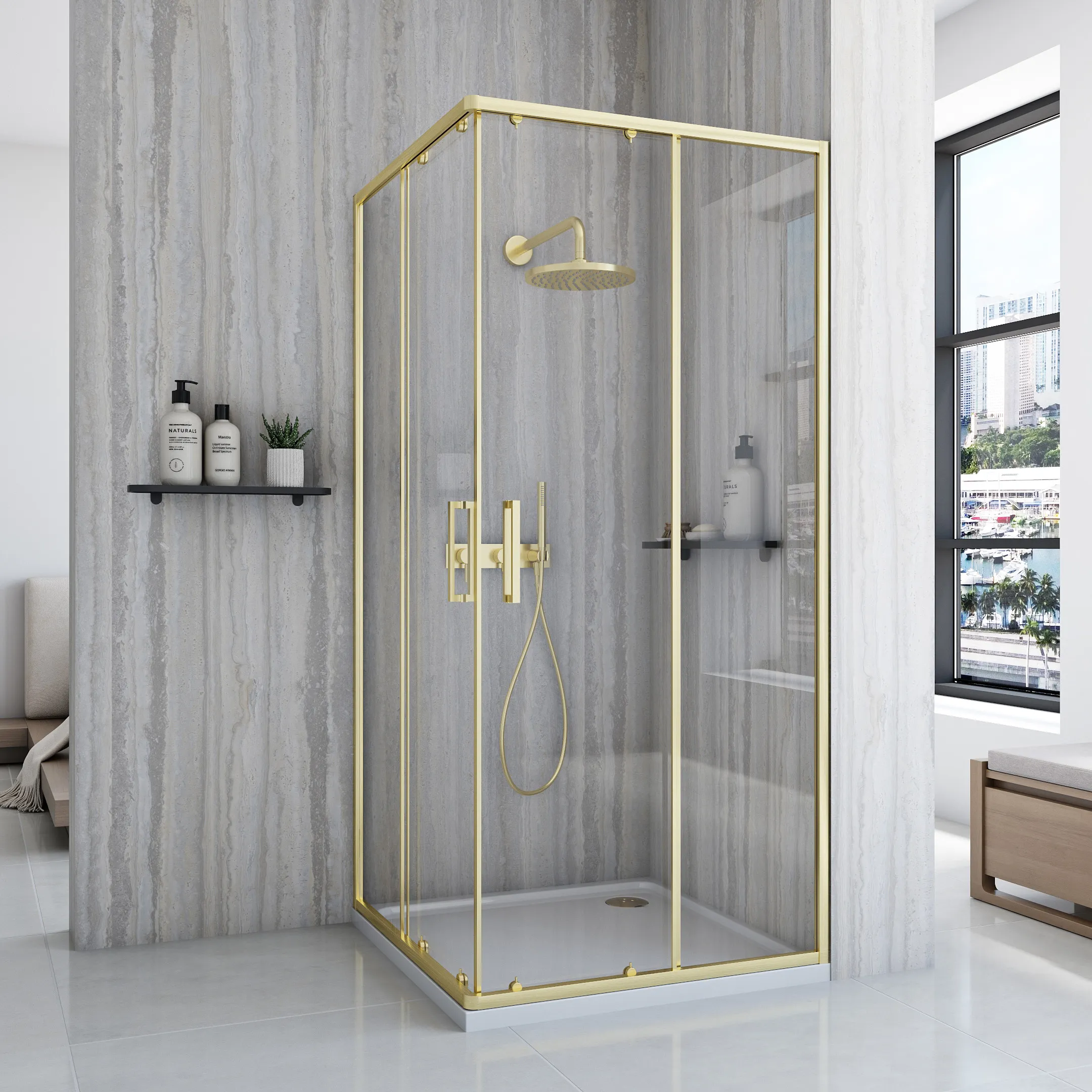 Cabină duș culisantă de colț mărime 80x100 culoare auriu periat City Gold [3]