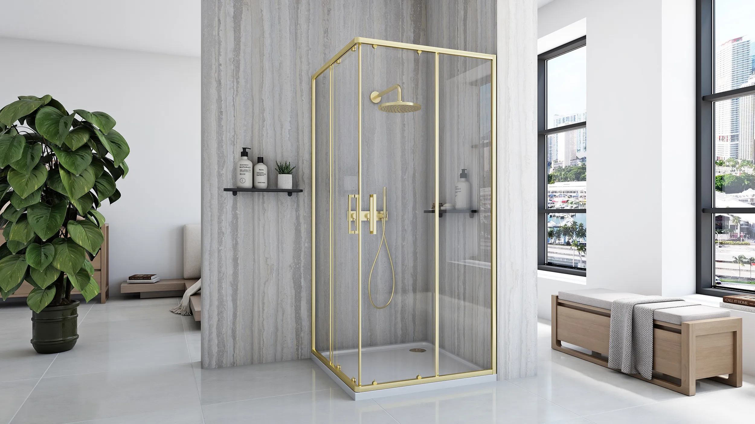 Cabină duș culisantă de colț mărime 80x100 culoare auriu periat City Gold [2]