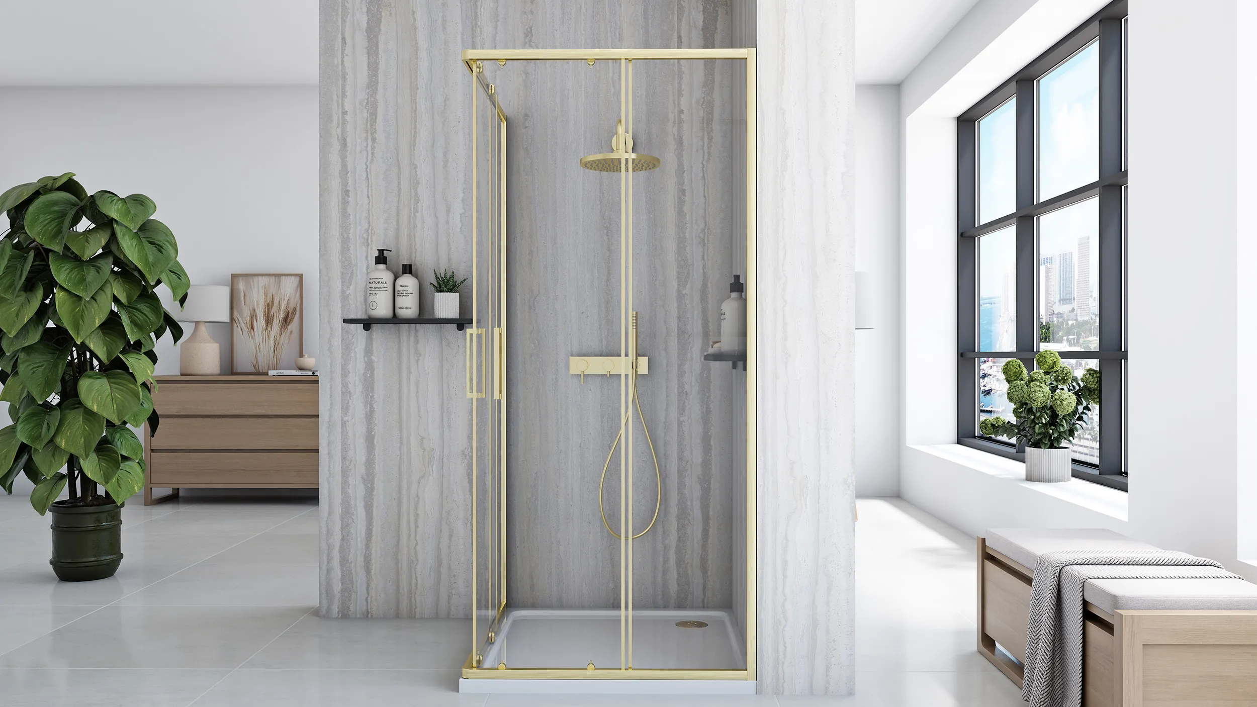 Cabină duș culisantă de colț mărime 80x100 culoare auriu periat City Gold [4]