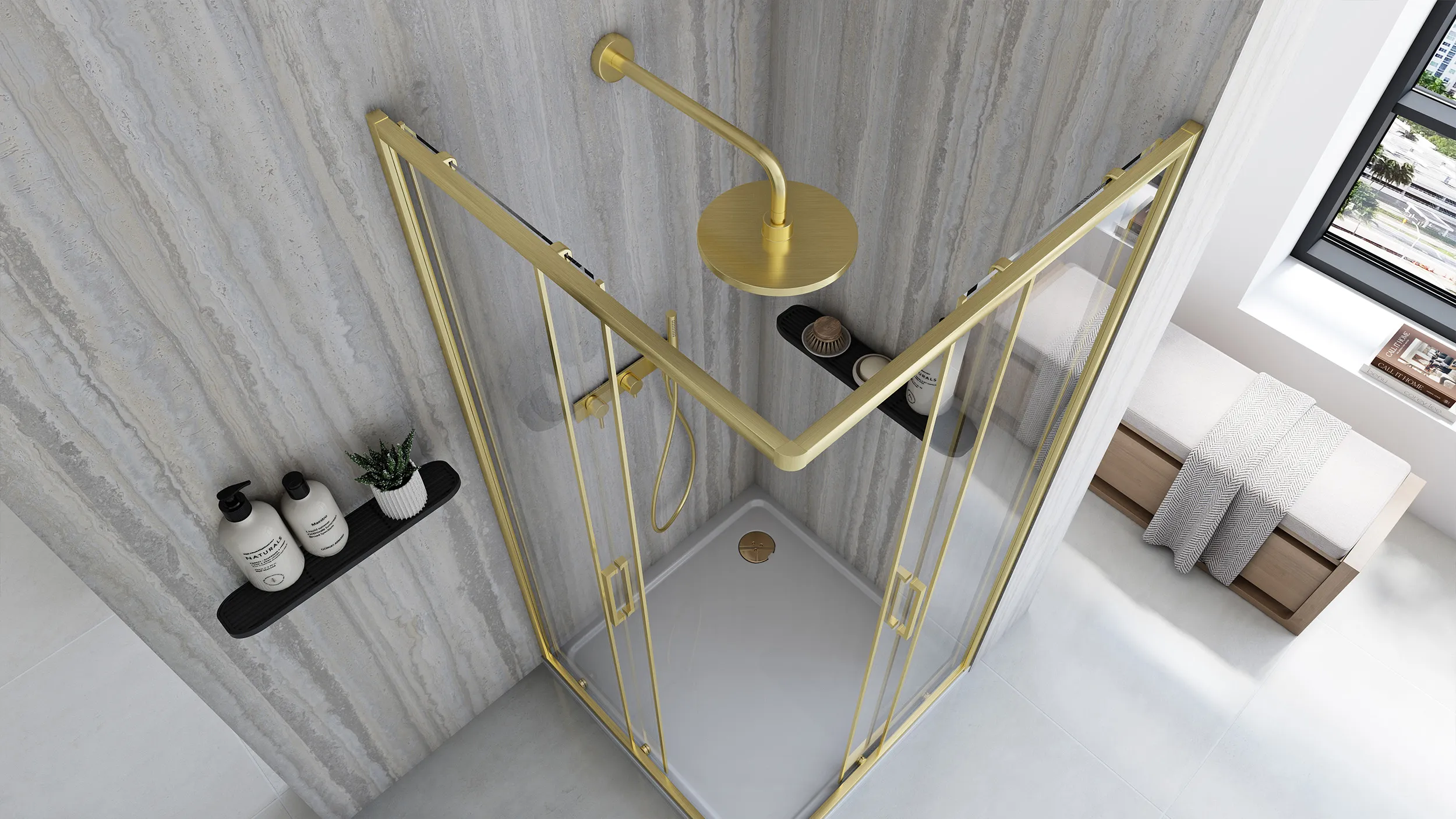 Cabină duș culisantă de colț mărime 80x100 culoare auriu periat City Gold [5]