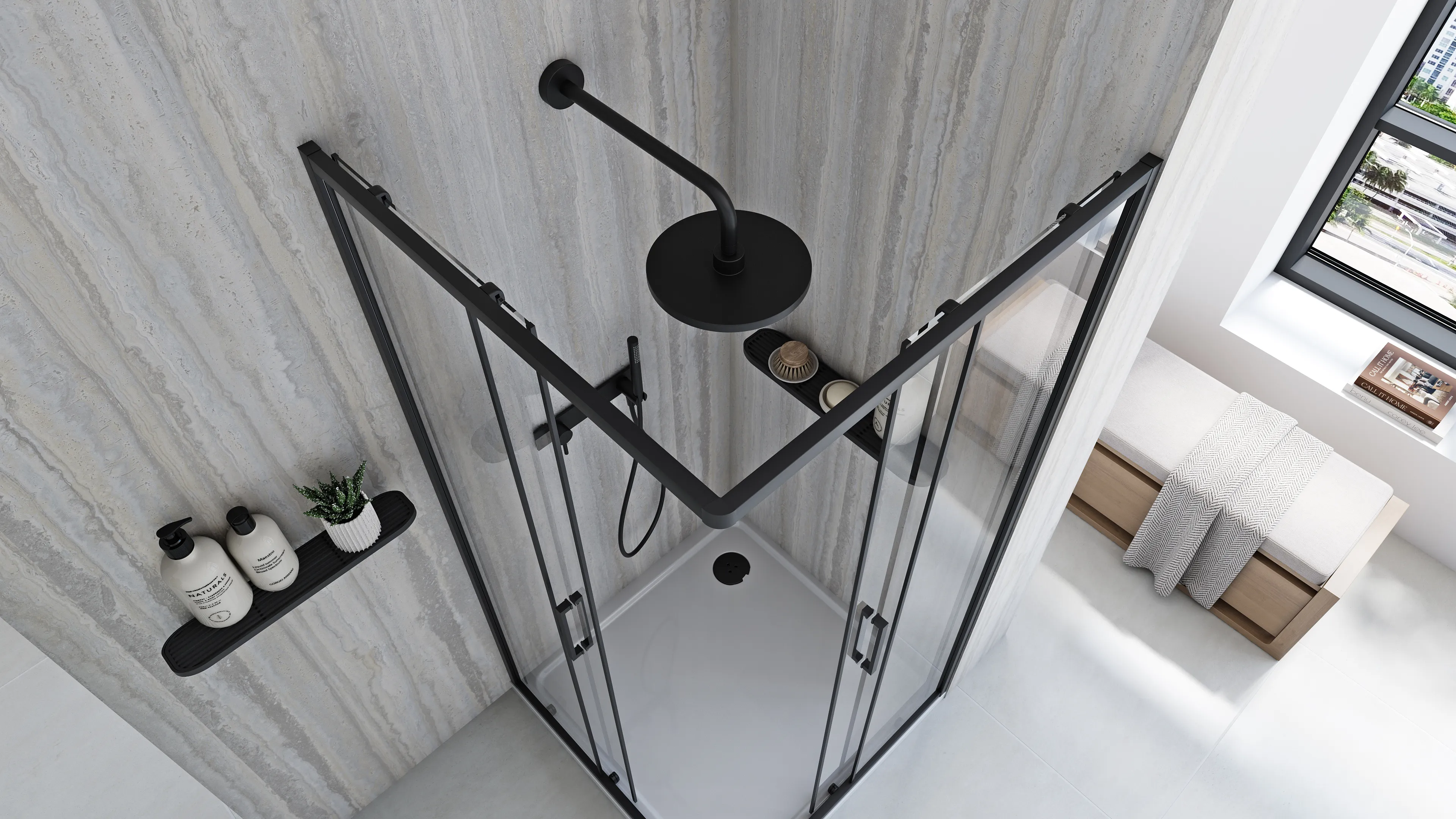 Cabină duș culisantă de colț mărime 80x80 cm culoare neagră model City Black [4]
