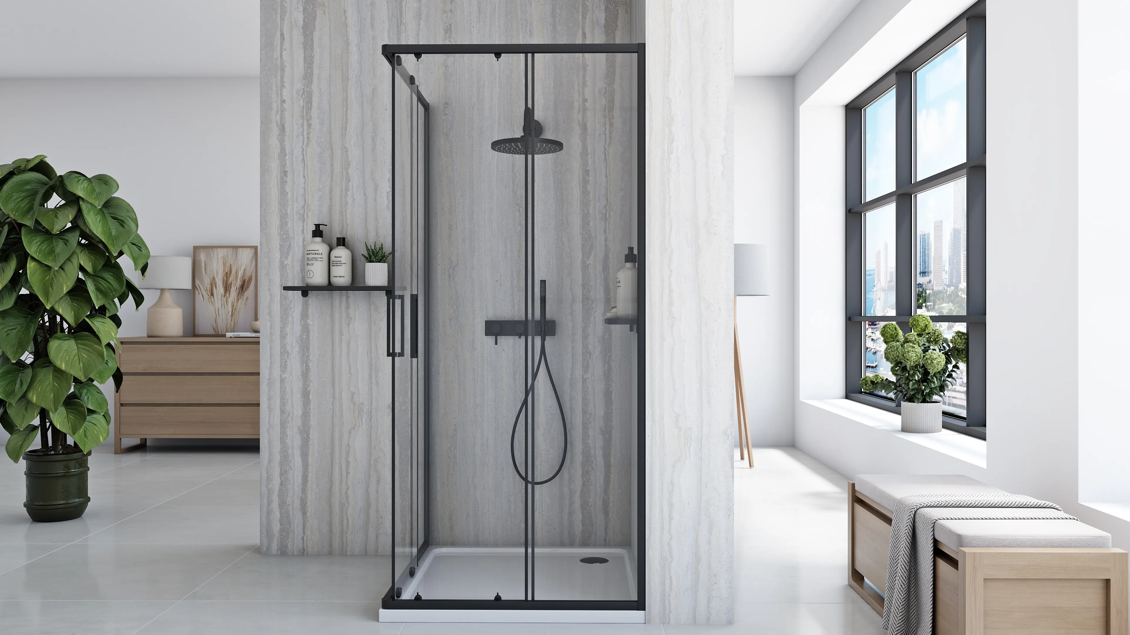 Cabină duș culisantă de colț mărime 90x90 finisaj negru mat sticlă securizată de 5 mm model City Black [3]