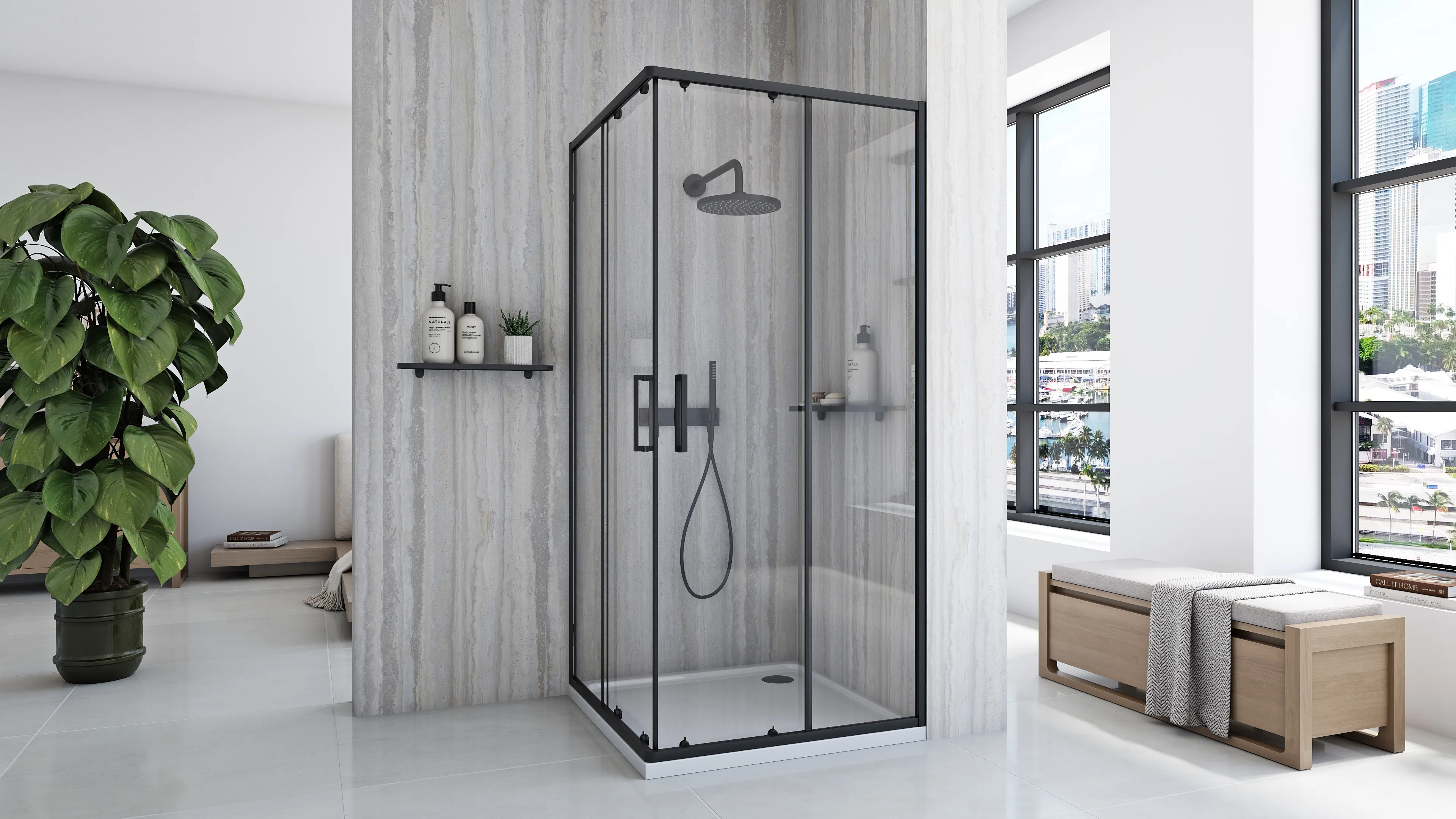 Cabină duș culisantă de colț mărime 90x90 finisaj negru mat sticlă securizată de 5 mm model City Black [2]
