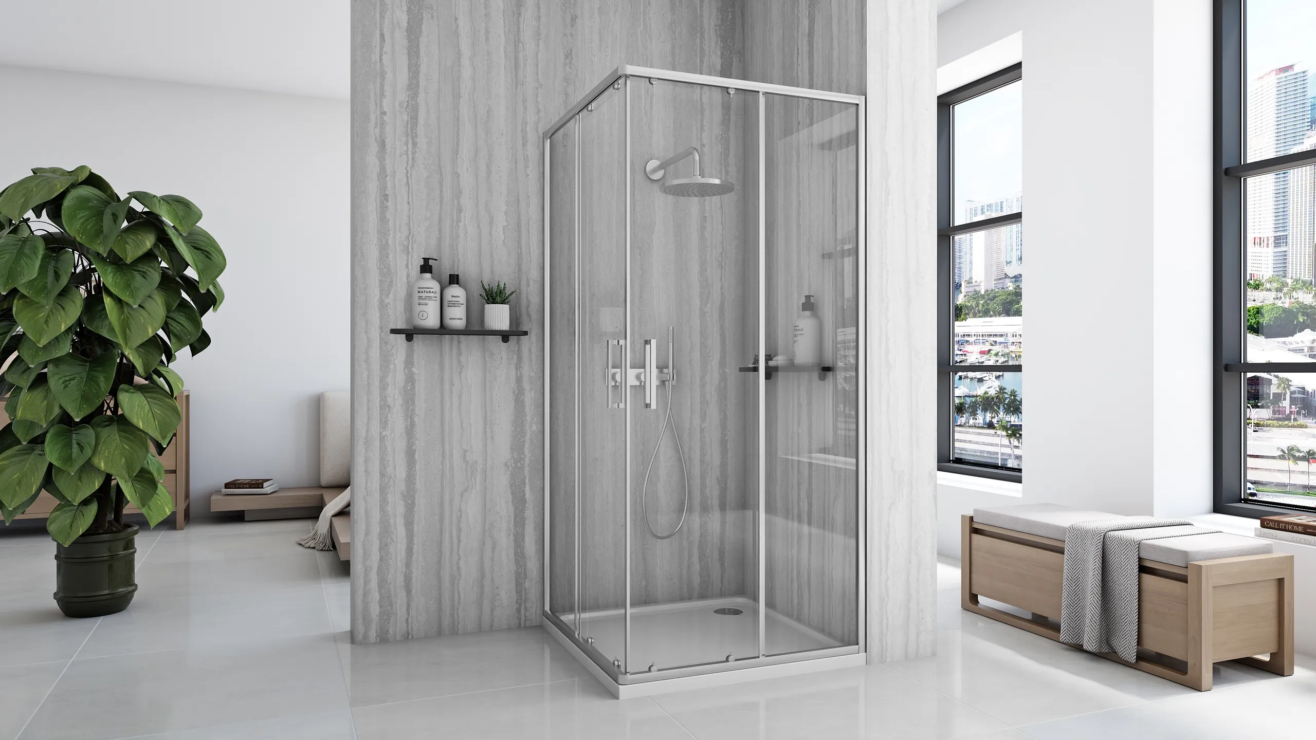 Cabină duș culisantă de colț mărime 90x90 finisaj crom periat sticlă securizată de 5 mm model City Brushed Nickel [4]