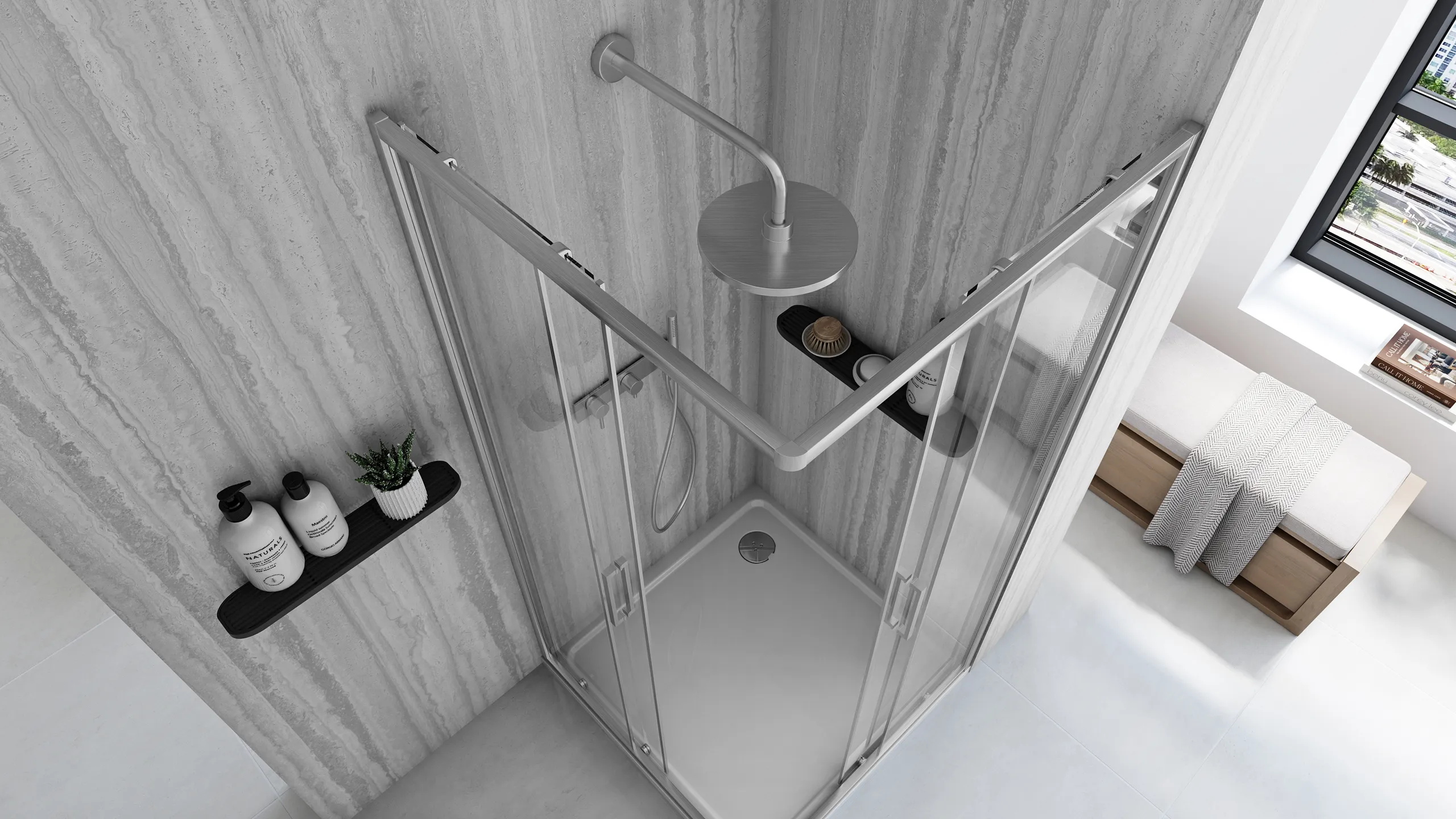 Cabină duș culisantă de colț mărime 90x90 finisaj crom periat sticlă securizată de 5 mm model City Brushed Nickel [5]