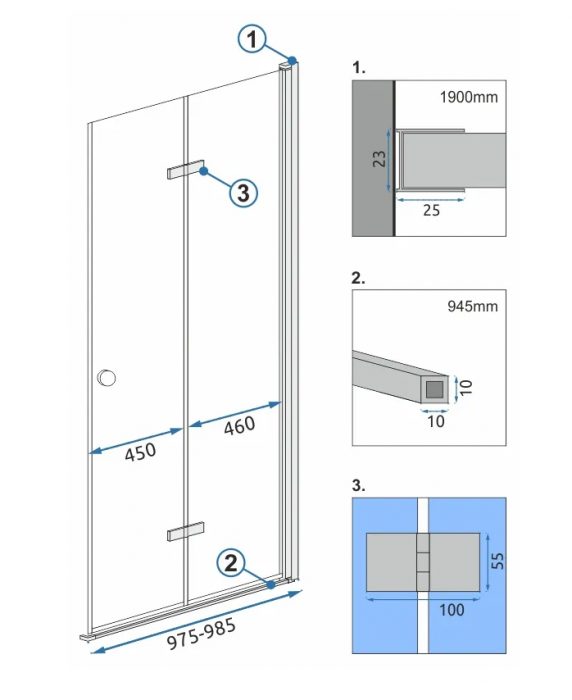 Cabină duș pliabilă de colț mărime 100x120 culoare crom Fold N2 Modul [7]