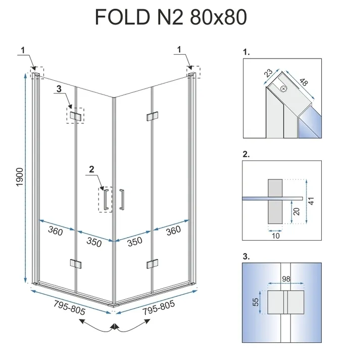 Cabină duș pliabilă de colț mărime 80x80 cm culoare crom model Fold N2 Chrome [7]