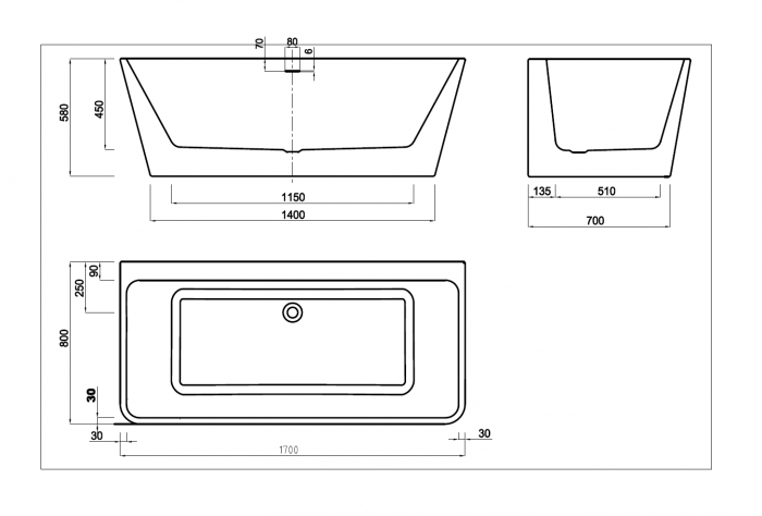 Cadă freestanding lipită de perete formă dreptunghiulară 170x80x58 cm culoare albă model AT602 [6]