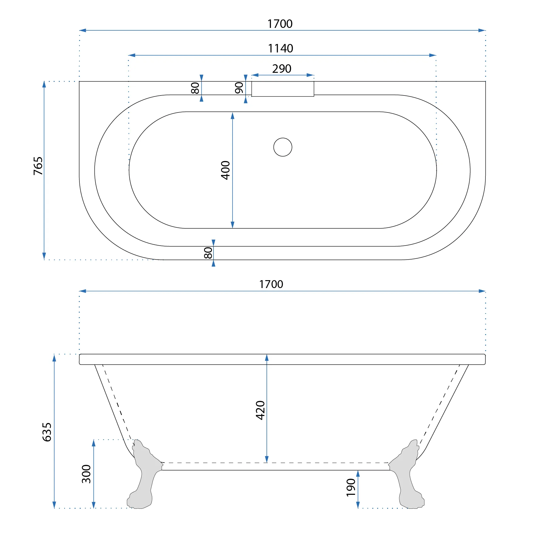 Cadă freestanding lipită de perete formă dreptunghiulară 170x76x63 cm culoare albă model Korfu [10]