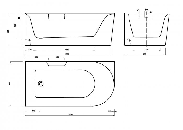 Cadă freestanding lipită de perete partea stângă formă dreptunghiulară 170x85x60 cm culoare albă model AT610L [6]
