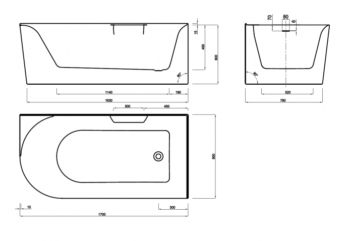 Cadă freestanding lipită de perete partea dreaptă formă dreptunghiulară 170x85x60 cm culoare albă model AT610R [6]