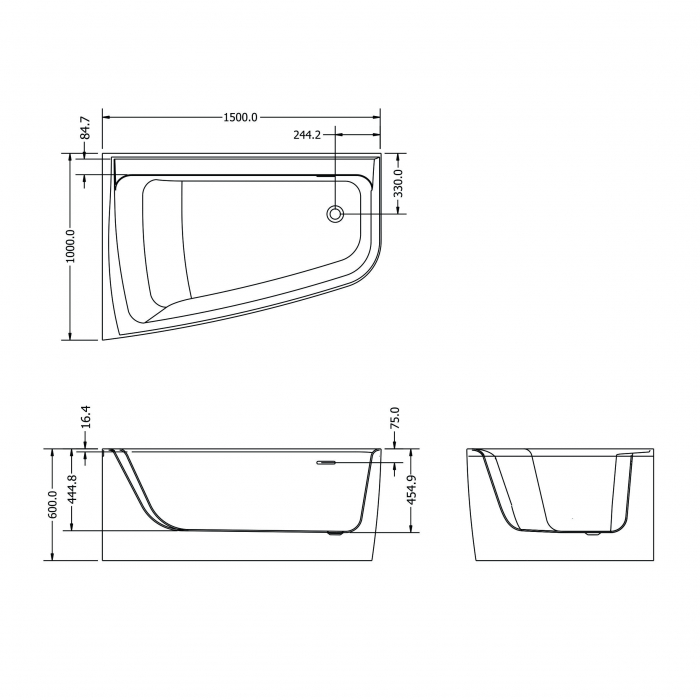 Cadă freestanding lipită de perete partea stângă formă asimetrică 150x100 cm culoare albă model Melody Stanga [7]