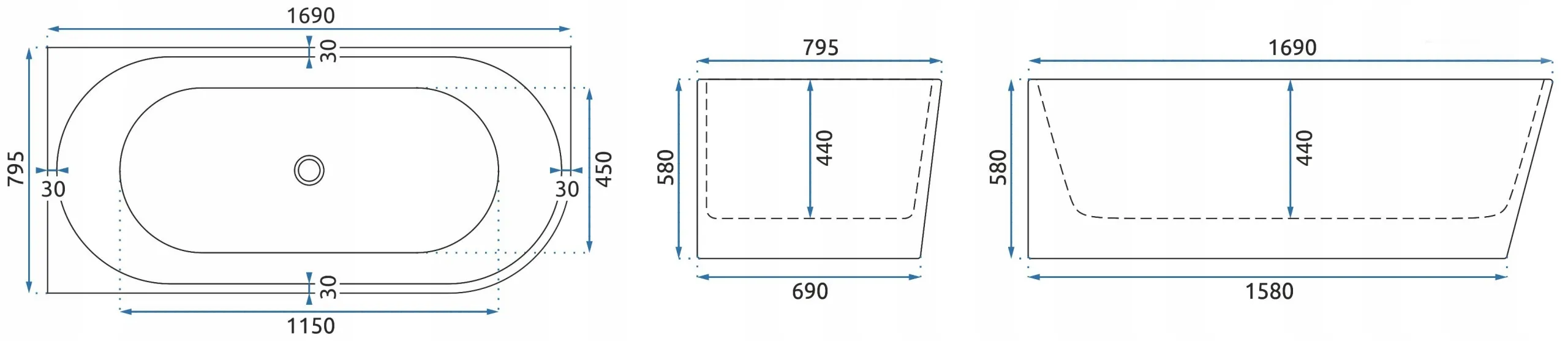 Cadă freestanding lipită de perete partea stângă formă dreptunghiulară 169x79x58 cm culoare albă model Sydney Bellanto [4]
