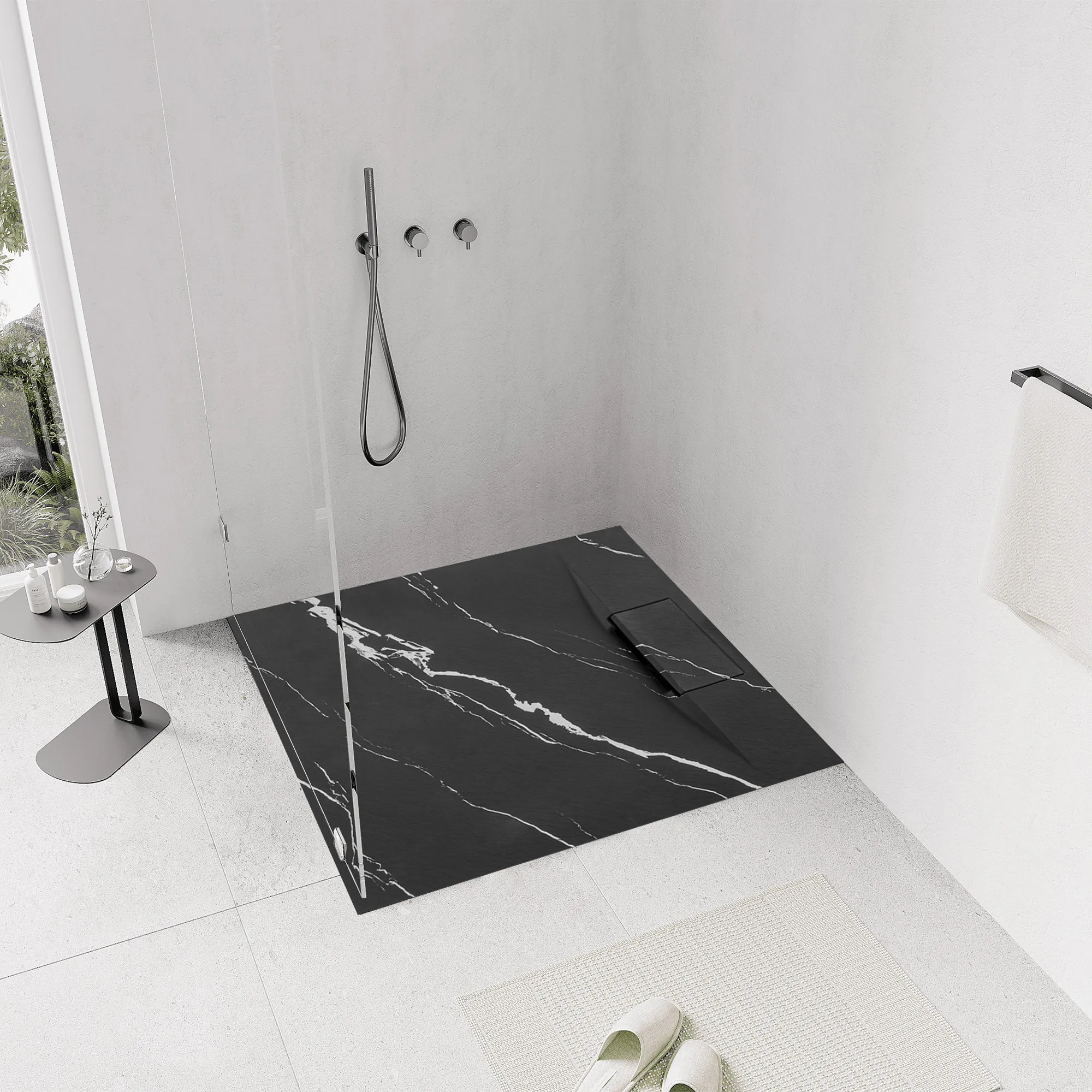 Cădiță duș din compozit/ABS mărime 90x90 cm formă pătrată finisaj imitație de piatră model Bazalt Carrara Black [5]