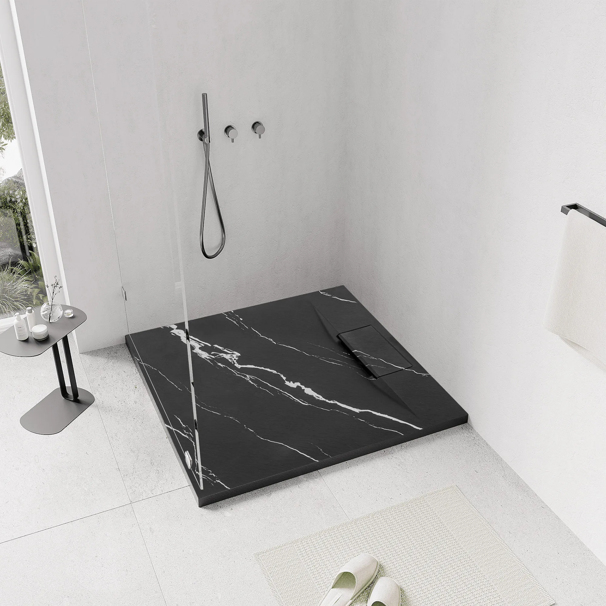 Cădiță duș din compozit/ABS mărime 90x90 cm formă pătrată finisaj imitație de piatră model Bazalt Carrara Black [3]