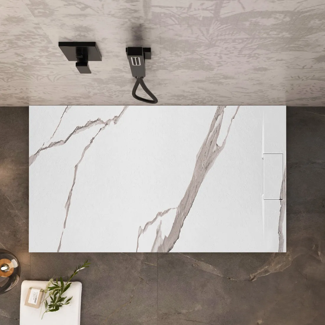 Cădiță duș din compozit/ABS mărime 80x100 cm formă dreptunghiulară finisaj imitație de piatră model Bazalt Carrara White [5]