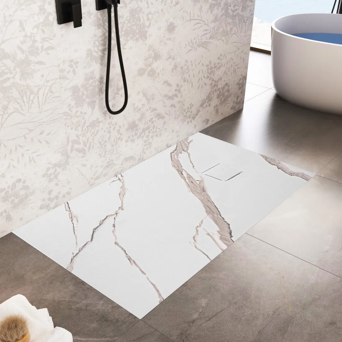 Cădiță duș din compozit/ABS mărime 80x100 cm formă dreptunghiulară finisaj imitație de piatră model Magnum Carrara White [3]