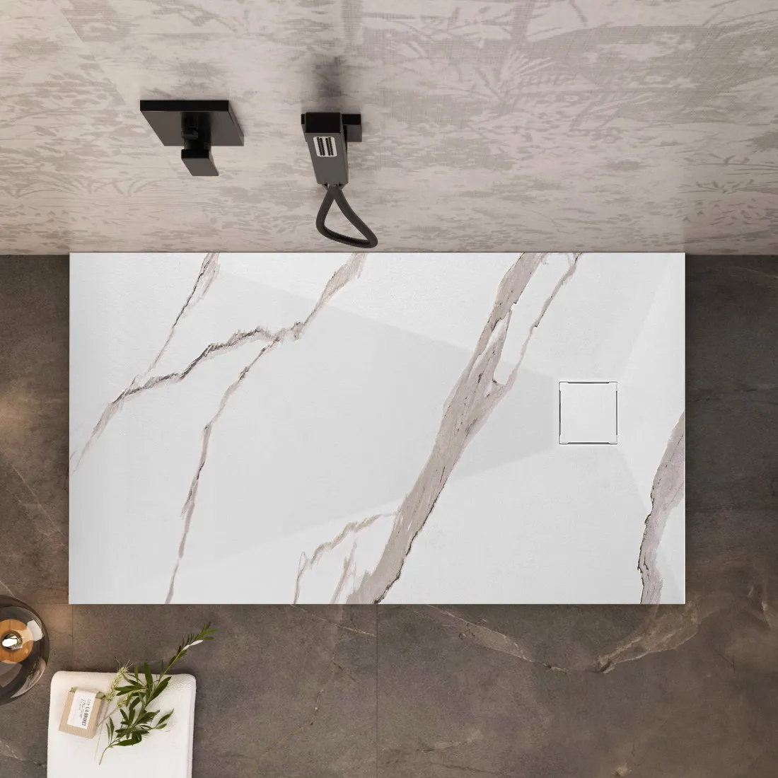 Cădiță duș din compozit/ABS mărime 80x100 cm formă dreptunghiulară finisaj imitație de piatră model Magnum Carrara White [5]