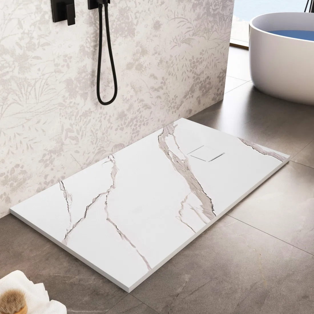 Cădiță duș din compozit/ABS mărime 80x100 cm formă dreptunghiulară finisaj imitație de piatră model Magnum Carrara White [2]