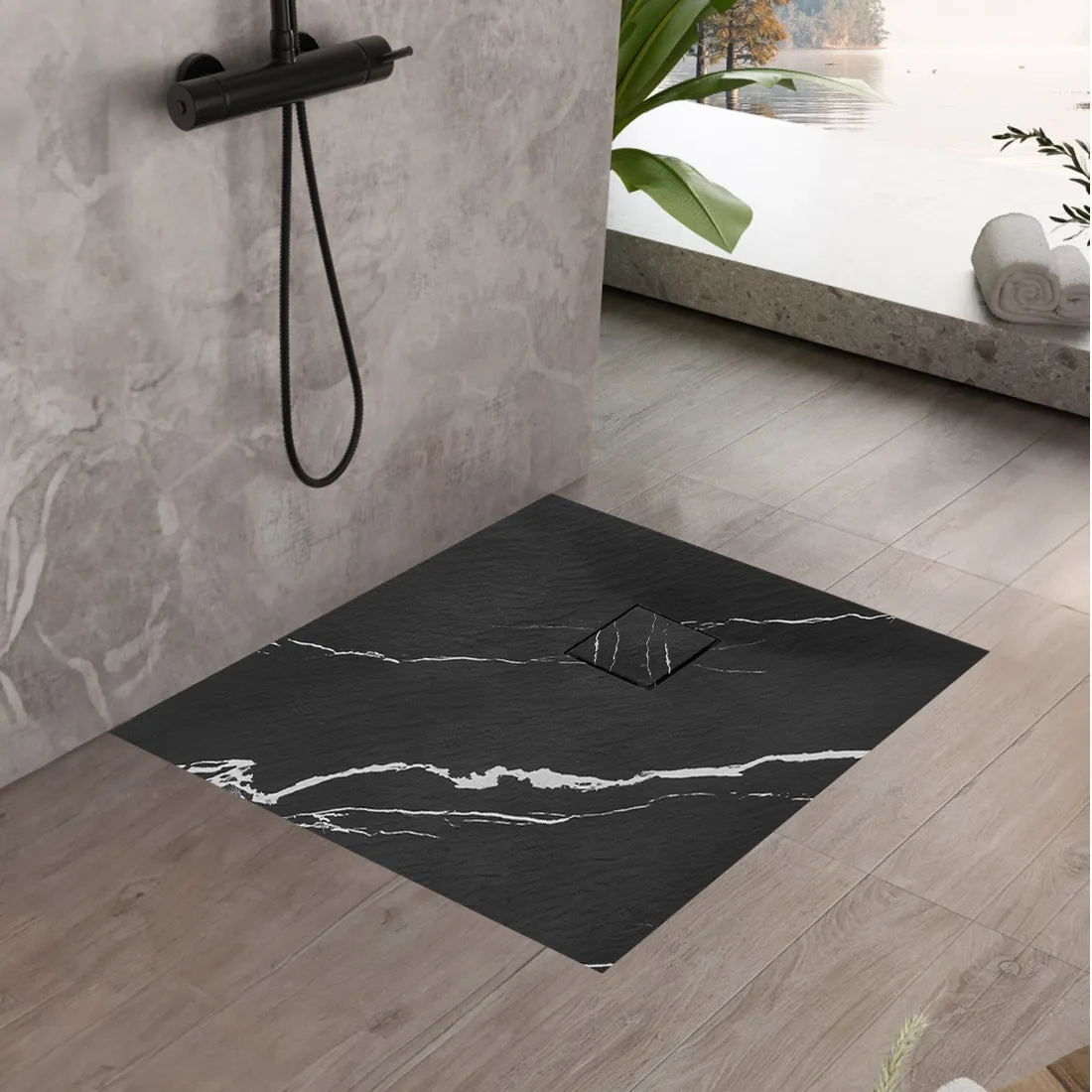 Cădiță duș din compozit/ABS mărime 90x90 cm formă pătrată finisaj imitație de piatră model Magnum Carrara Black [3]