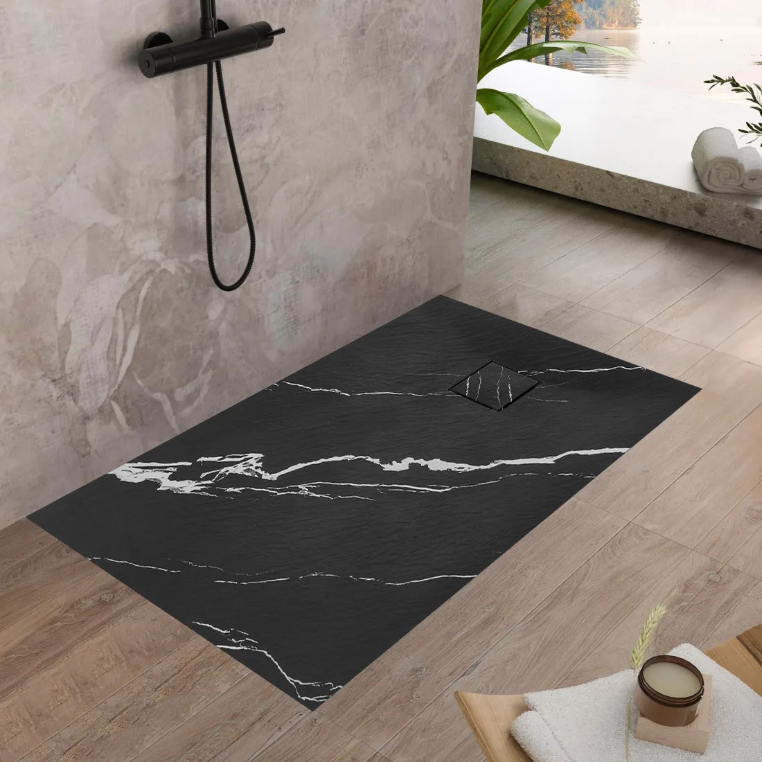 Cădiță duș din compozit/ABS mărime 90x120 cm formă dreptunghiulară finisaj imitație de piatră model Magnum Carrara Black [5]
