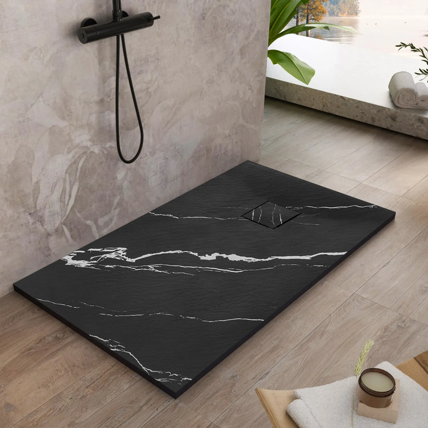 Cădiță duș din compozit/ABS mărime 80x100 cm formă dreptunghiulară finisaj imitație de piatră model Magnum Carrara Black [2]