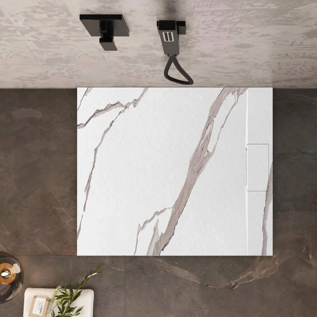 Cădiță duș din compozit/ABS mărime 90x90 cm formă pătrată finisaj imitație de piatră model Bazalt Carrara White [3]