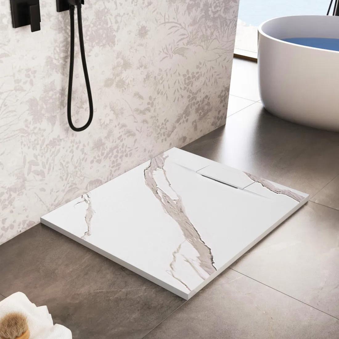Cădiță duș din compozit/ABS mărime 90x90 cm formă pătrată finisaj imitație de piatră model Bazalt Carrara White [2]