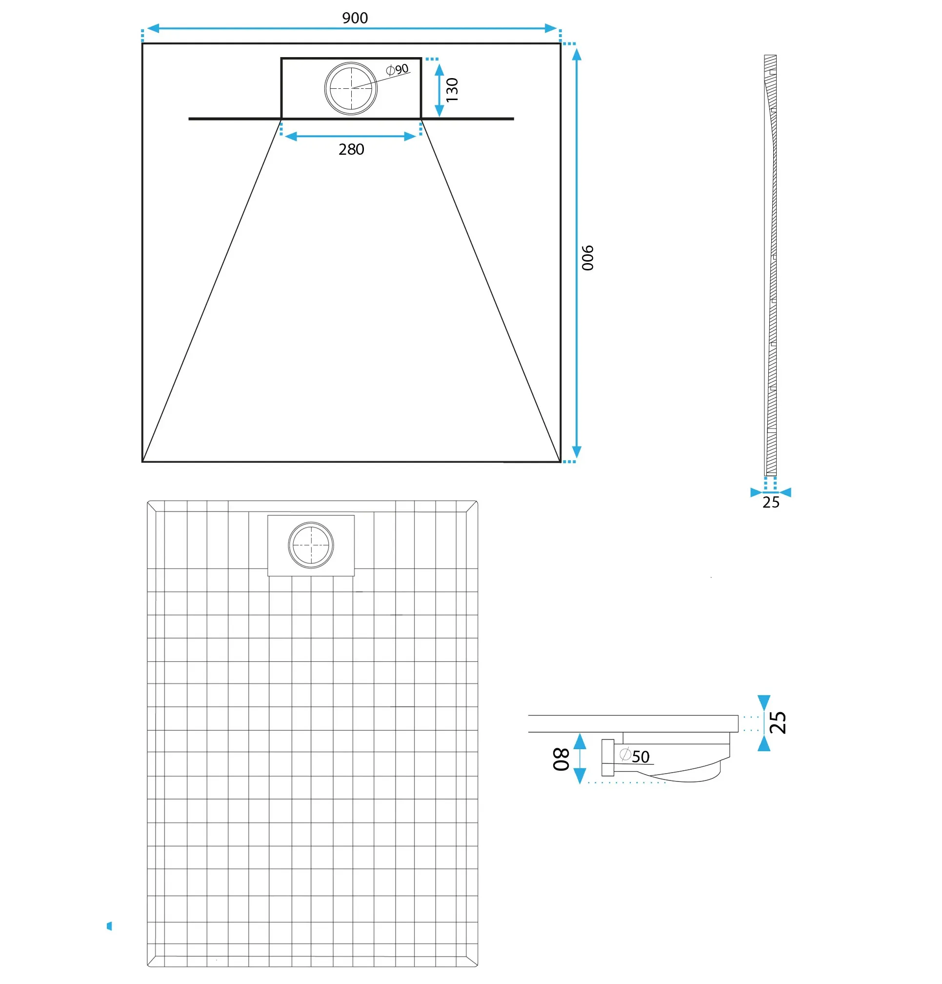 Cădiță duș din compozit/ABS mărime 90x90 cm formă pătrată finisaj imitație de piatră model Bazalt Carrara White [10]