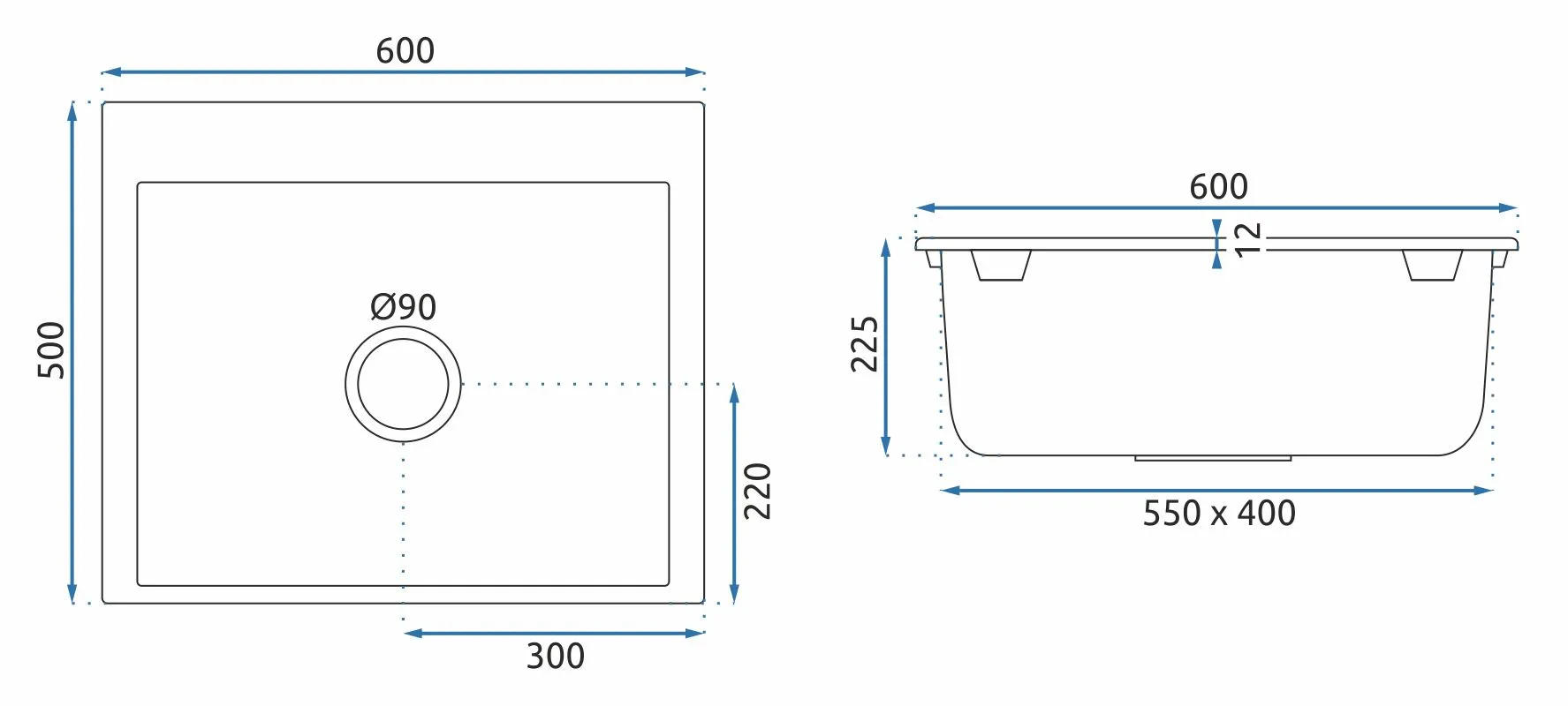 Chiuvetă bucătărie granit formă dreptunghiulară lungime 60 cm culoare neagră model Lin Black [11]