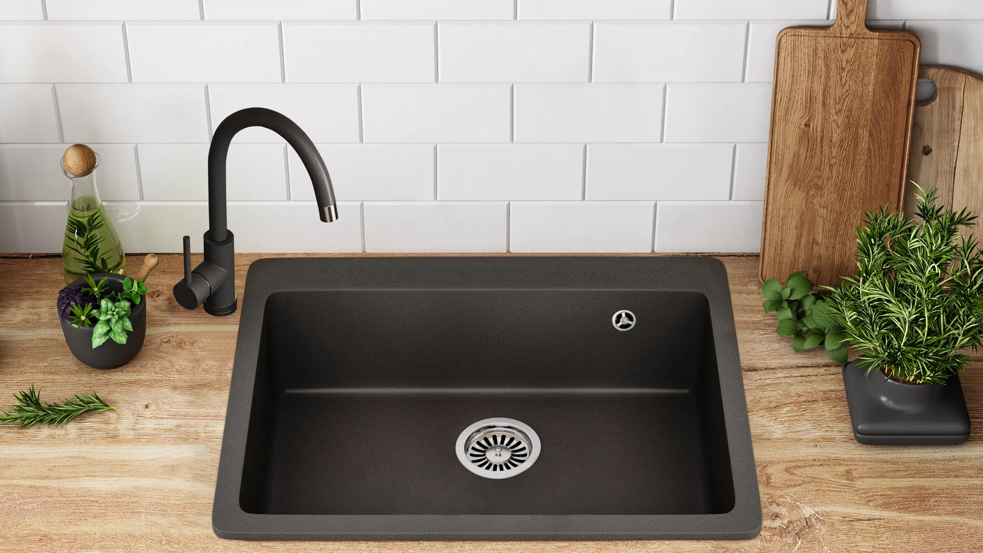 Chiuvetă bucătărie granit formă dreptunghiulară lungime 60 cm culoare neagră model Lin Black [3]