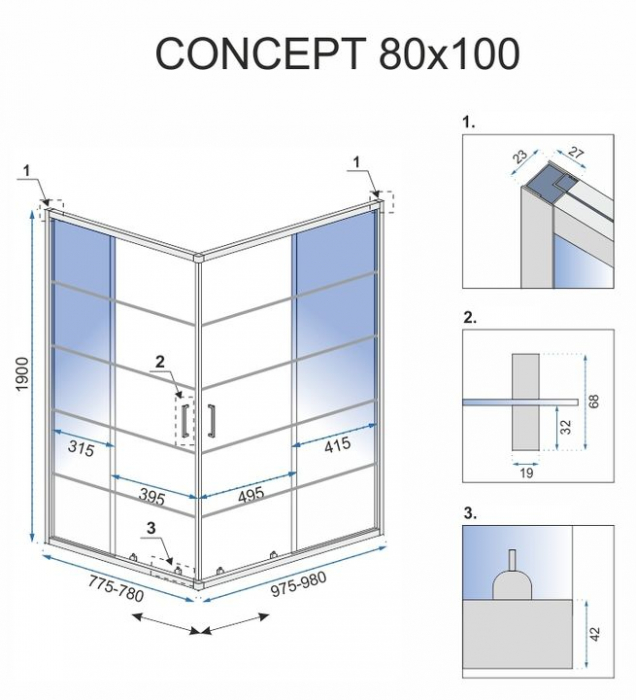 Cabină de duș culisantă de colț mărime 80x100 culoare neagră Concept Black [5]