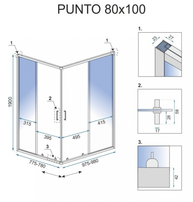 Cabină de duș culisantă de colț mărime 80x100 culoare neagră Punto [6]