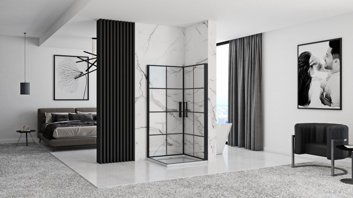 Cabină de duș batantă de colț mărime 80x100 finisaj negru mat sticlă securizată de 6 mm model Rubik [6]