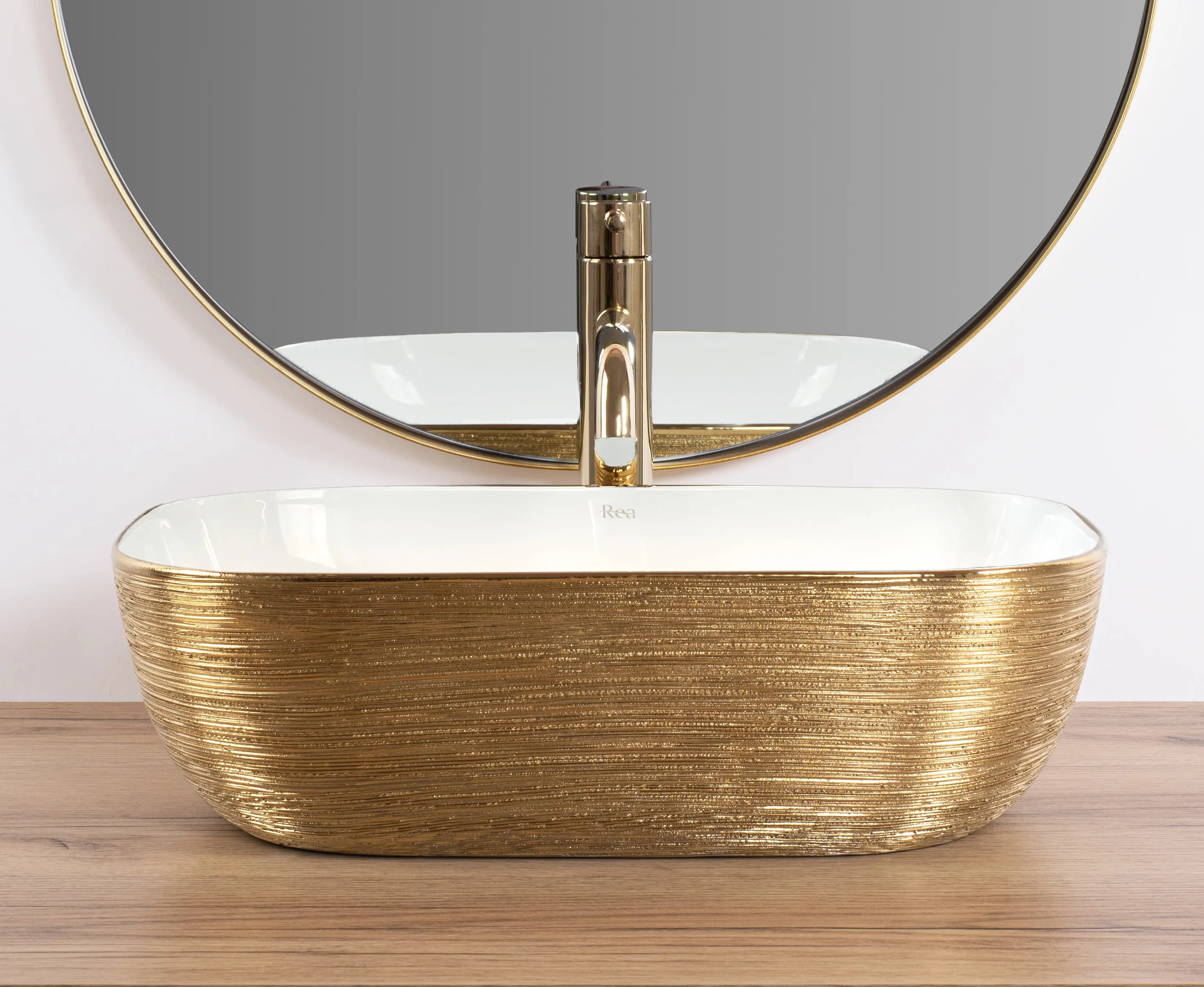 Lavoar baie pe blat formă dreptunghiulară lungime 46.5 cm culoare auriu periat și alb model Belinda White Gold Brush [2]