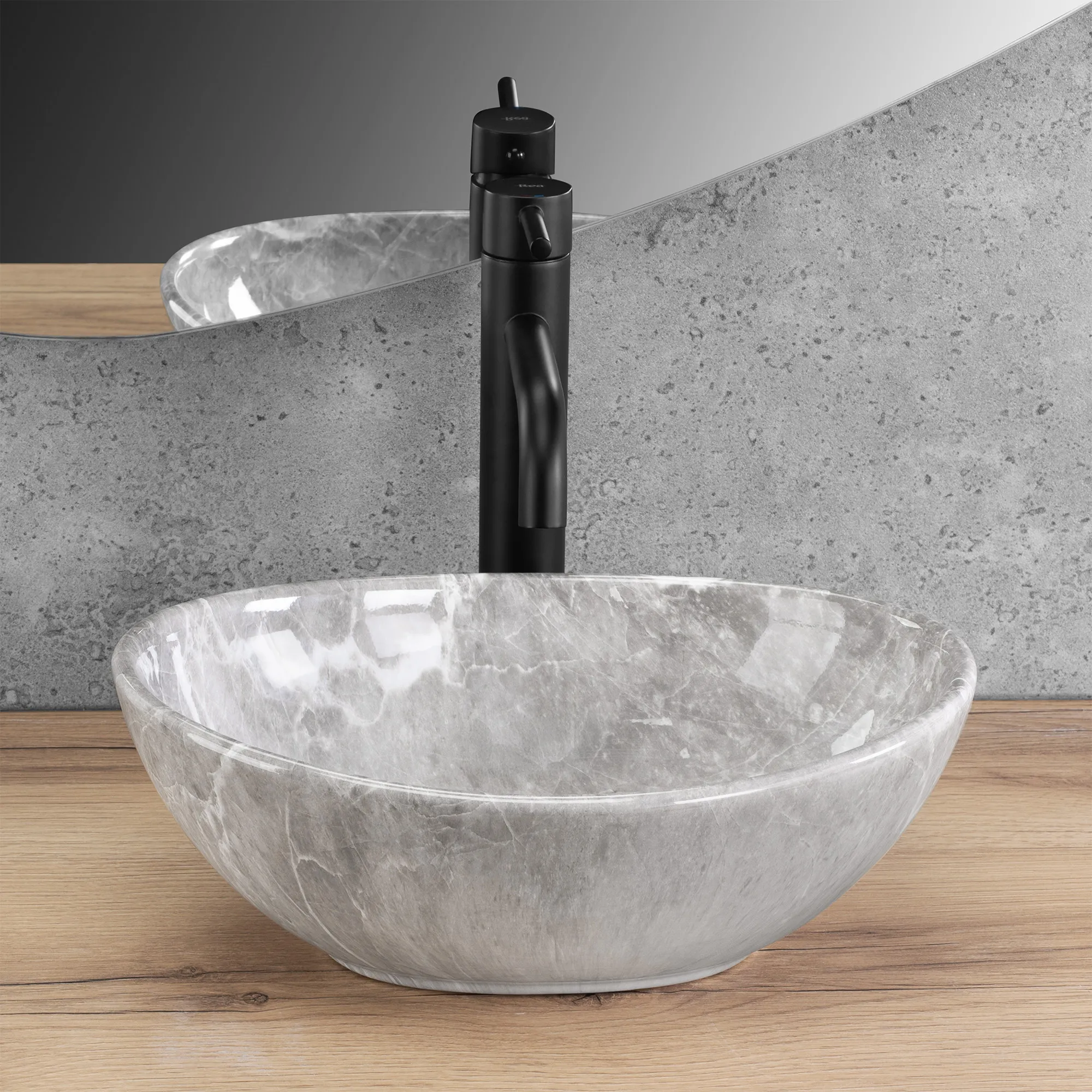 Lavoar baie pe blat formă ovală lungime 35 cm finisaj imitație de piatră model Sofia Mini Grigio [3]